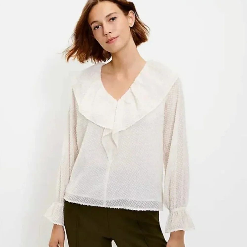 LOFT Ivory Gold Long Sleeve Metallic Swiss Dot Juliet Blouse XL Coquette  Girl
